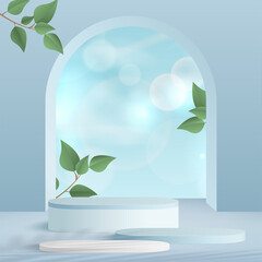 Products display 3d background podium scene with blue shape geometric platform and green leaves. Vector illustration.