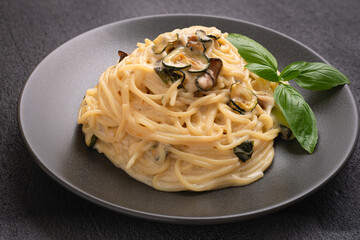 Close up Plate FRIED ZUCCHINI PASTA Like an Italian Spaghetti alla Nerano