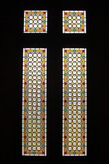 stained glass at the windows of Corvin Castle in Hunedoara city - Romania 06.Aug.2021 