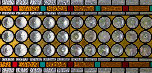stained glass at the windows of Corvin Castle in Hunedoara city - Romania 06.Aug.2021 