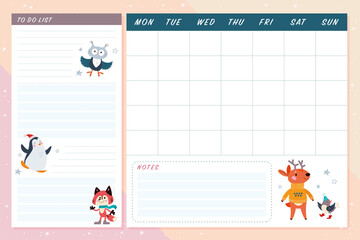 Set of monthly calendar planner page set design template for children with cute animal characters. Flat lay, pastel colors. Back to school equipment. Vector illustration. - obrazy, fototapety, plakaty