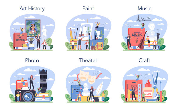 Art school subject or educational class set. Student studying art directions