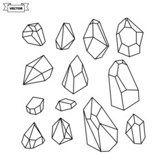 Set of vector linear icons. Collection of minerals and natural crystals.
