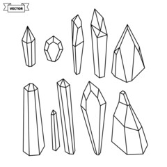 Set of vector linear icons. Collection of minerals and natural crystals.