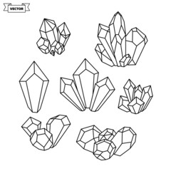 Set of vector linear icons. Collection of minerals and natural crystals.