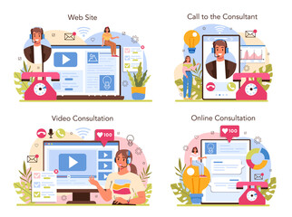 Consultant online service or platform set. Specialist making research