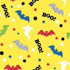 Halloween hand drawn seamless pattern with decorative bats and boo text on a yellow background. Vector Illustration