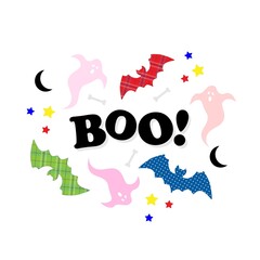 Boo black lettering with colorful ghosts, bats and moon on a white background. Halloween illustration
