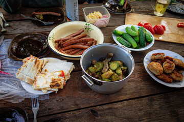 Outdoor recreation. Close-up food on a wooden table.