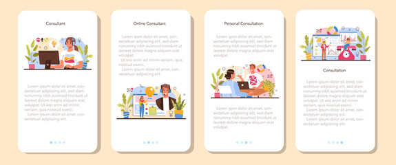 Fototapeta premium Consultant mobile application banner set. Specialist making research