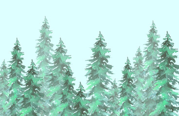 Watercolor group of trees - fir, pine, cedar, fir-tree. green forest, landscape, forest landscape. Drawing on white isolated background. Ecological poster. Watercolor banner with green spruce, larch 