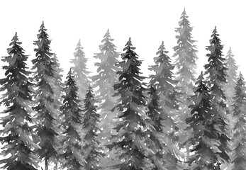 Watercolor group of trees - fir, pine, cedar, fir-tree. Watercolor banner, logo, postcard. Black silhouette of the forest, pine, spruce, cedar. Watercolor landscape.Black silhouettes