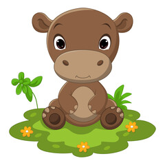 Cute baby hippo cartoon sitting in grass