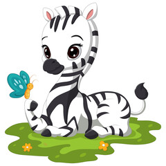 Fototapeta na wymiar Cute baby zebra cartoon sitting in grass