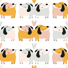 dachshund pattern. Cute couple of loving dogs. seamless baby print. Background for printing on diapers, bedding, pajamas. Background for digital paper, scrapbooking. Vector illustration, doodle