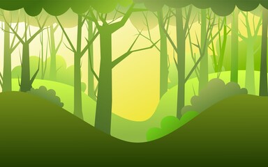 Forest trees vector. Dense wild plants with tall, branched trunks. Summer green landscape. Flat design. Cartoon style. Vector