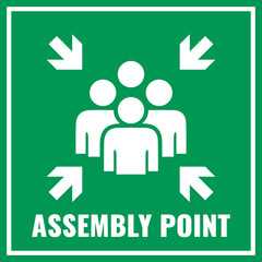 Assembly point vector sign, fire emergency meeting area - 452659932