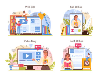 Librarian online service or platform set. Library staff cataloguing