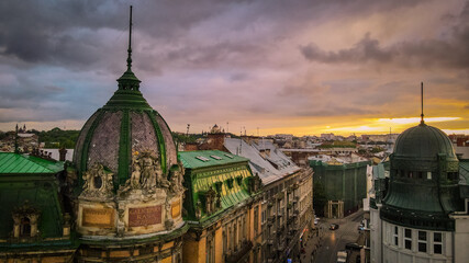 Lviv before sunset. Old buildings in the sunkights.