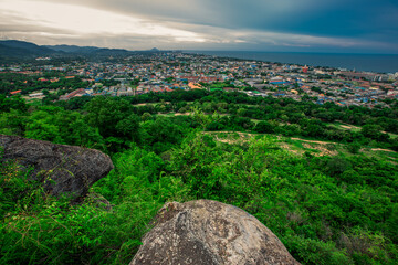 Natural background, wide angle of sky and clear air, overlooking mountains, green trees surrounding it, with cool blurry winds throughout the journey.