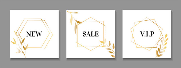 Vector backgrounds for social media posts with golden frames and leaves. Premium design templates for instagram. For online store blogs
