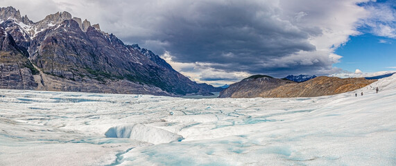 Panoramic picture of Grey glacier in Torres del Paine National Park in chilean part of Patagonia
