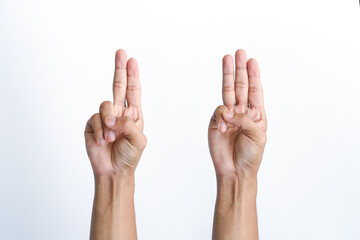 Hand with three fingers up and two fingers up isolated on white background