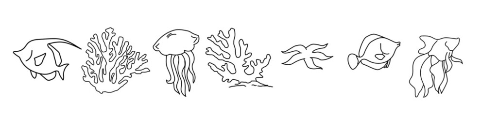 A set of minimalistic linear sketches in the style of a marine theme: starfish, corals, jellyfish and tropical fish. Executed by black line without background