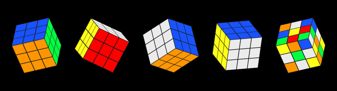 Vinnytsia, Ukraine - August 23, 2021. Rubik's cube set in differents position. Vector illustration isolated on dark background
