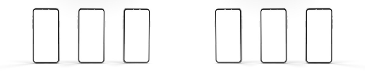 3D rendering of mockups Smartphones white screen on white floor, Mobile phone lay down on the ground. Smartphones white screen can be used for commercial advertising, Isolated on white background.