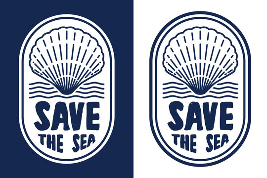 Logo of shell with typography says Save The Sea. Hand drawn vintage badge.