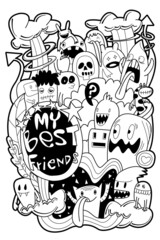Best Friends Funny Cartoon Doodle Set.Happy Friendship Day. Vector Hand Drawn Cute background. coloring book Vector illustration