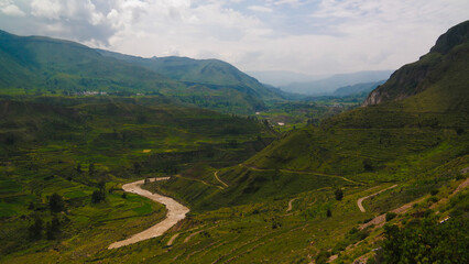 Aerial panoramic view to Colca canyon from the antahuilque viewpoint, Chivay, Arequipa, Peru