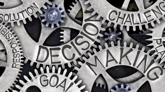 Group of rotating tooth wheels with Decision Making sign imprinted on metal surface. High quality 4k video.