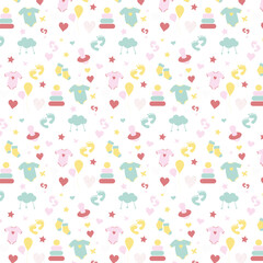 Newborn background, texture,  pattern, wallpaper with kids cartoon doodle toys. Educational games for children illustration. Baby shower. The icons are set. Collection of newborns newborns