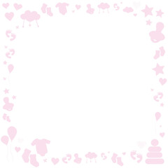 Baby newborn corner decor of an empty frame pattern background. Kids cartoon doodle toys. Baby shower invitation. The icons are set. Collection of newborns. Baby care