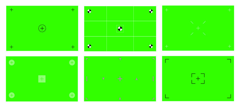 Green colored chroma key background screen flat style design vector illustration set. Chroma key VFX screen with tracking marks on it abstract background concept for video footage.