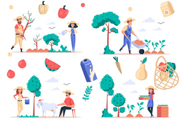 Farming and gardening isolated elements set. Bundle of people plant trees and seedling, care of plants and goats, grow fruits and vegetables. Creator kit for vector illustration in flat cartoon design