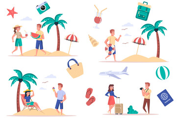 Summer vacation at sea isolated elements set. Bundle of people resting at beach, eating watermelon or ice cream, drink cocktails, sunbathing. Creator kit for vector illustration in flat cartoon design