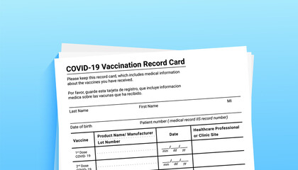 immunization certificate. Coronavirus vaccination record card on a blue background with copy space for travel and movement without borders. Vaccination form during the coronavirus covid 19 epidemic