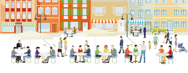 Obraz na płótnie Canvas Leben in der Stadt, mit Restaurants Fußgänger und Familien in der Freizeit, Illustration 