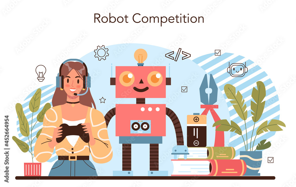 Poster robotics school course concept. robotic engineering and constructing lesson