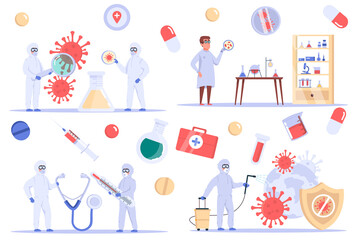 Coronavirus isolated elements set. Bundle of scientists study virus in laboratory, develop cure, create vaccine and fight covid 19 disease. Creator kit for vector illustration in flat cartoon design