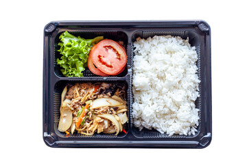 top view set of thai food take away in plastic box isolated on white background clipping path