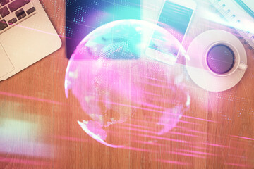 Multi exposure of technology theme drawing over table with phone. Top view. Concept of hightech.
