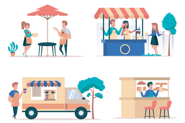 Fototapeta na wymiar Street food shop isolated elements set. Bundle of cafe with waiters, sale of coffee in kiosk and car, bakery shop, people buy drinks. Creator kit for vector illustration in flat cartoon design