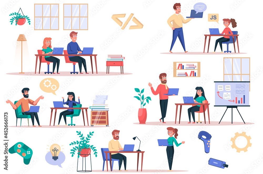 Leinwandbilder Game developer working isolated elements set. Bundle of men and women programmers write code, customize application, work in gaming industry. Creator kit for vector illustration in flat cartoon design