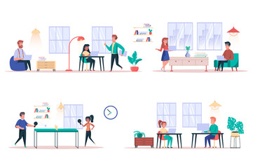 Coworking center isolated elements set. Bundle of colleagues work together, meetings, complete tasks, work on laptops, playing table tennis. Creator kit for vector illustration in flat cartoon design