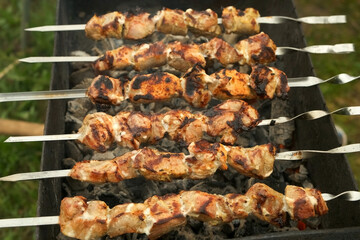 Process of cooking roasted pork meat on skewers on charcoal grill, barbecue, shashlik on nature. Delicious food on metal skewer in bbq. Picnic time, resting outdoors on nature concept.