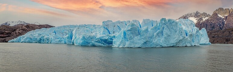Panoramic view over Lago Grey and the edge of the Grey Glacier in Torres del Paine National Park in...